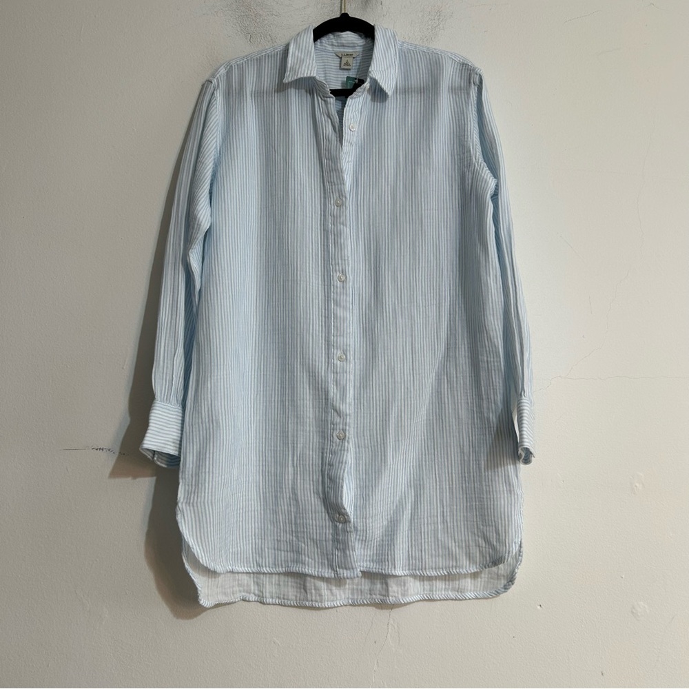 L.L. Bean Cloud Gauze Cover Up Tunic Shirt Blue Stripe Coastal Beach Preppy